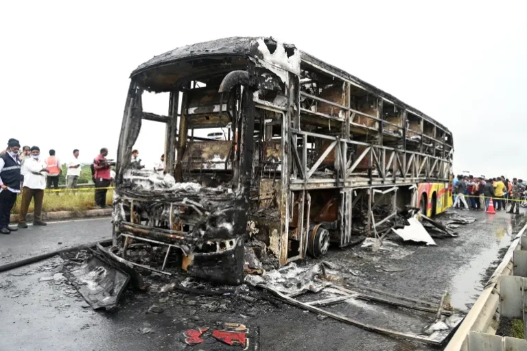 At least 25 killed in India after bus catches fire in crash with motorcycle