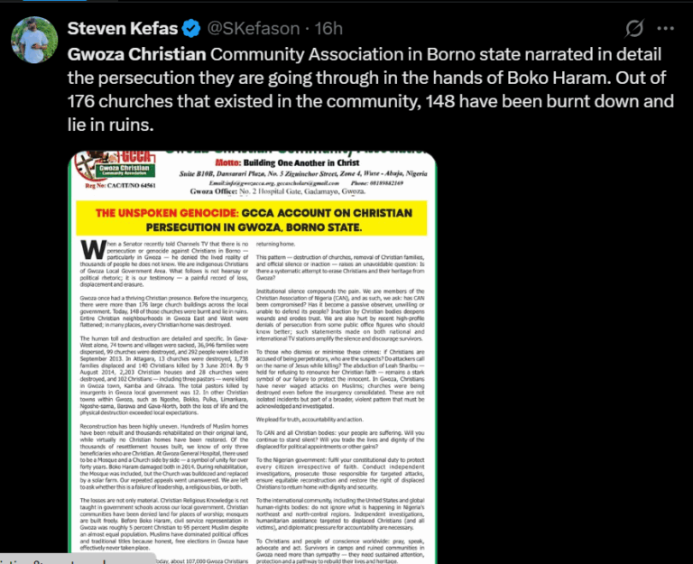 148 of 176 churches in Gwoza burned down, christian group details years of Boko Haram persecution