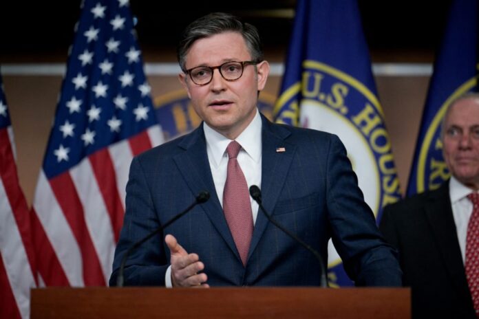 U.S. House Speaker Johnson (R-LA) speaks at a House Republicans press conference on Capitol Hill in Washington